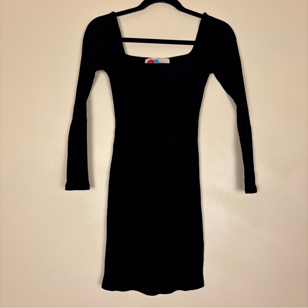 FREE PEOPLE FP BEACH Ribbed Black Mini Dress‎ Size XS Long Sleeve Square Neck